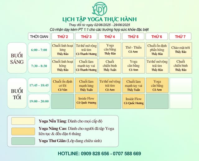 Lớp yoga thực hành 6 Thời khóa biểu 06/2025